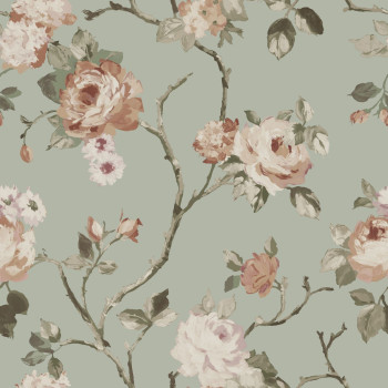 Green non-woven floral wallpaper, 139291, Vintage Flowers, Esta Home