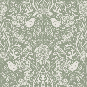 Green non-woven wallpaper with plants and birds, 139293, Vintage Flowers, Esta Home