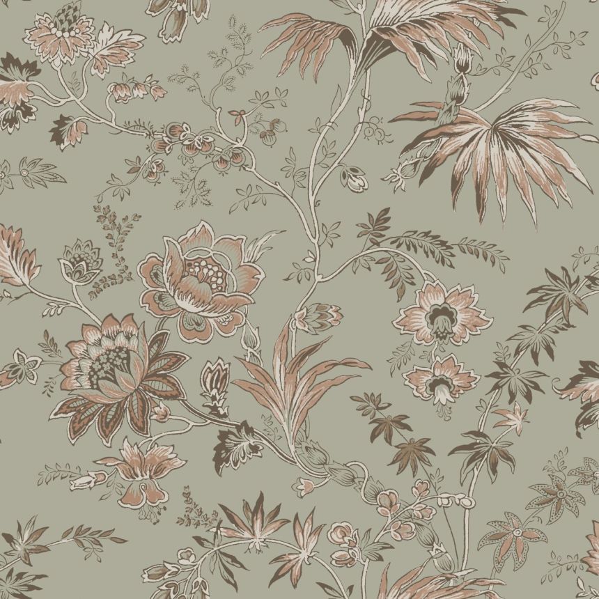 Green non-woven floral wallpaper, 139297, Vintage Flowers, Esta Home