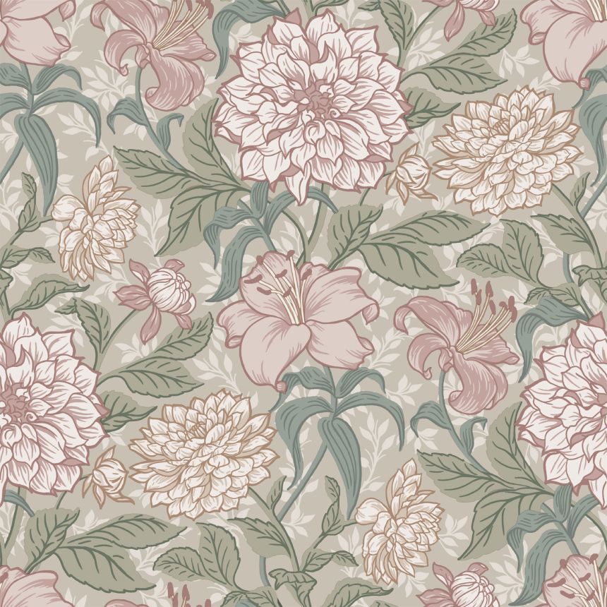 Gray non-woven floral wallpaper, 139377, Vintage Flowers, Esta Home