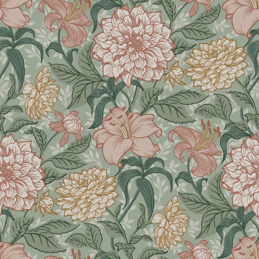 Green non-woven wallpaper with flowers, 139378, Vintage Flowers, Esta Home