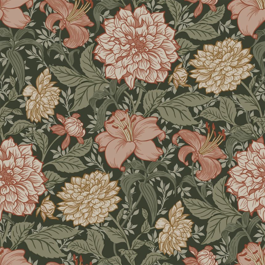 Black non-woven floral wallpaper, 139381, Vintage Flowers, Esta Home