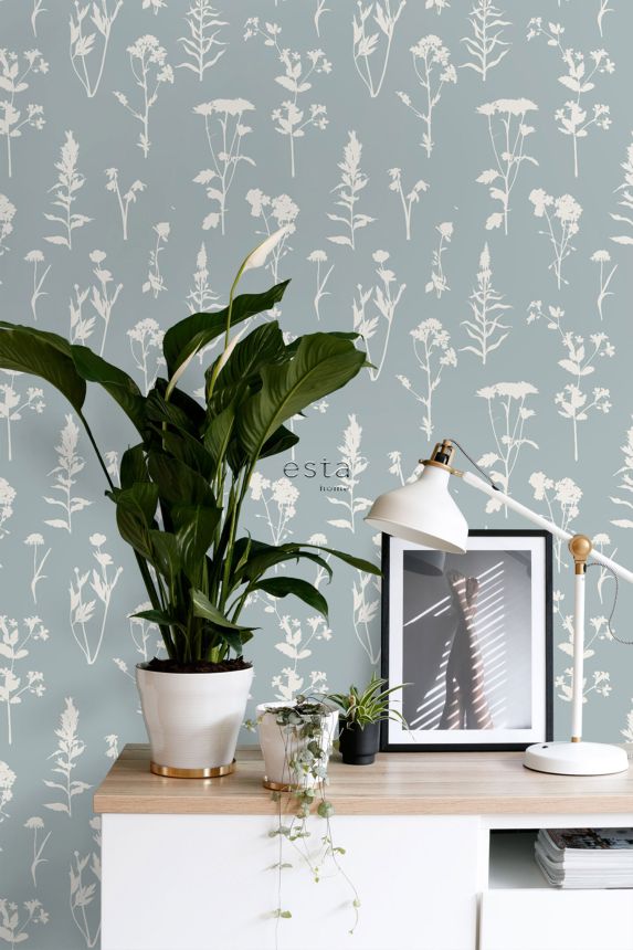 Blue non-woven wallpaper, flowers, leaves, 139394, Vintage Flowers, Esta Home