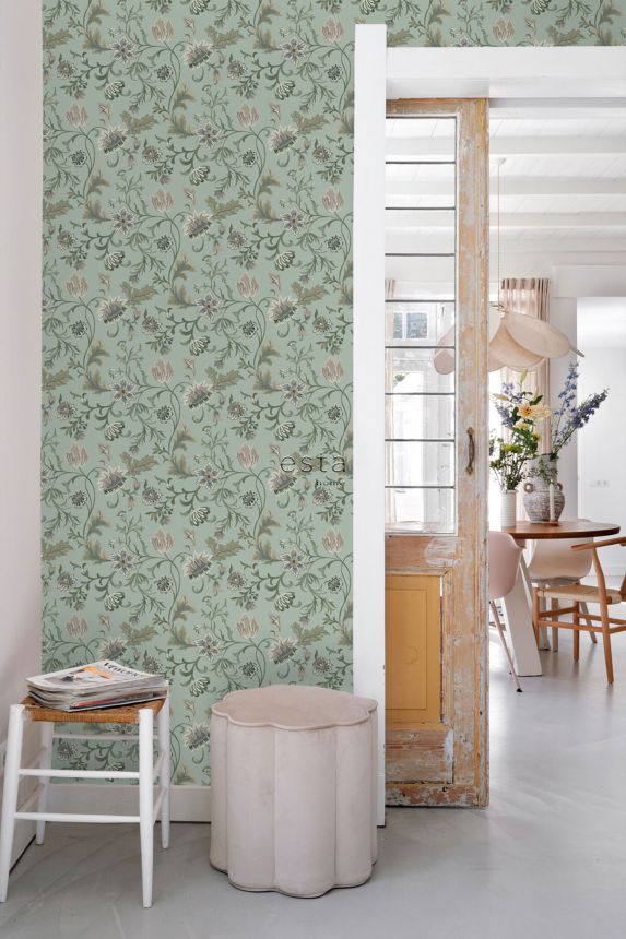 Grey-blue non-woven floral wallpaper, 139413, Vintage Flowers, Esta Home