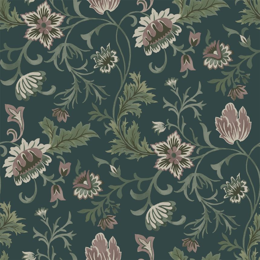 Green non-woven floral wallpaper, 139415, Vintage Flowers, Esta Home