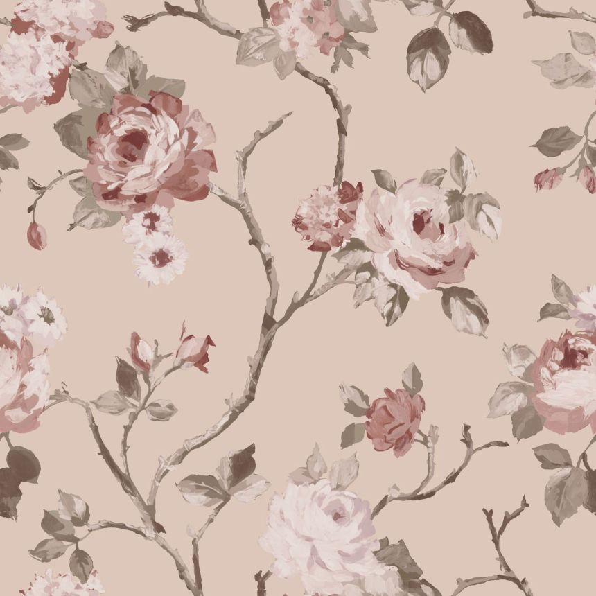 Pink non-woven floral wallpaper, 139476, Vintage Flowers, Esta Home