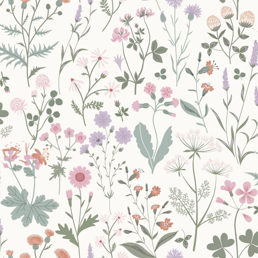 White wallpaper, meadow flowers, 139482, Vintage Flowers, Esta Home