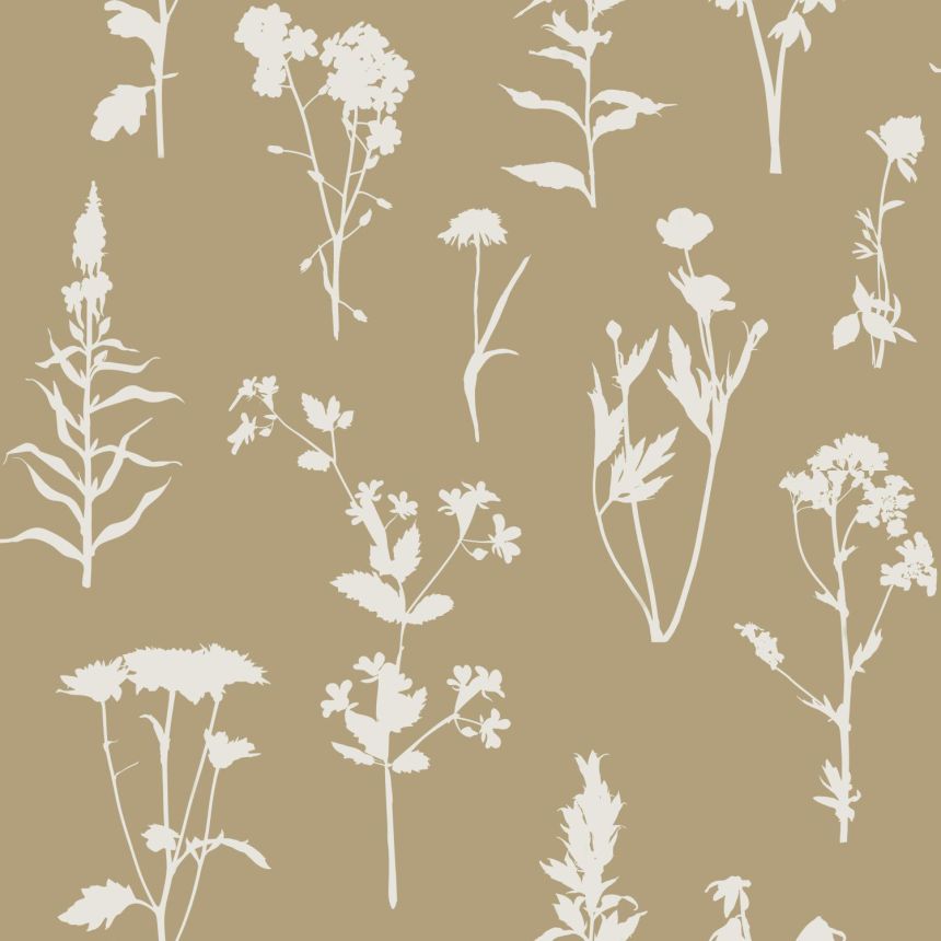 Brown non-woven wallpaper, flowers, leaves, 139483, Vintage Flowers, Esta Home