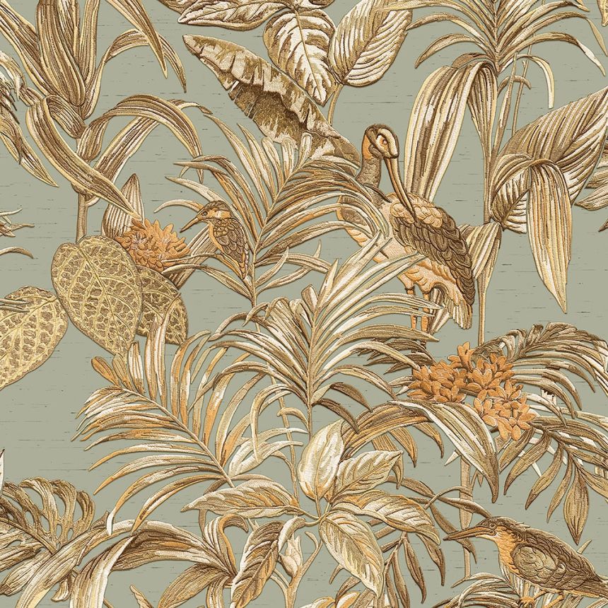 Luxury non-woven wallpaper with a vinyl surface DE120017, Birds, leaves, flowers, Wallstitch, Design ID