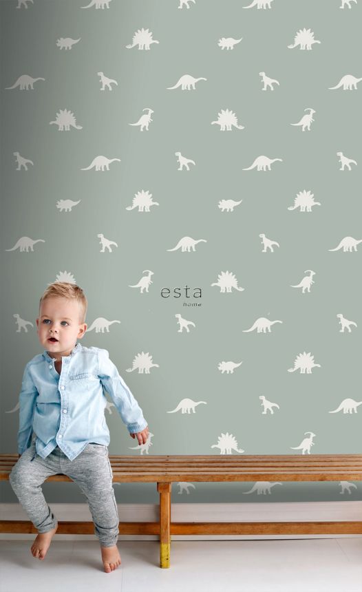 Green children's wallpaper with dinosaurs 139284, To the Moon and Back, Esta Home