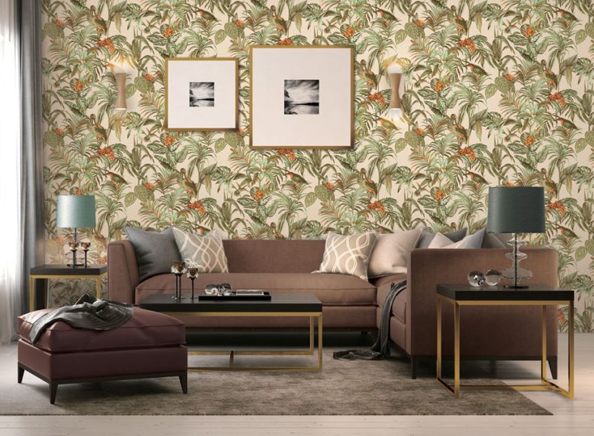 Luxury non-woven wallpaper with a vinyl surface DE120013, Birds, leaves, flowers, Wallstitch, Design ID
