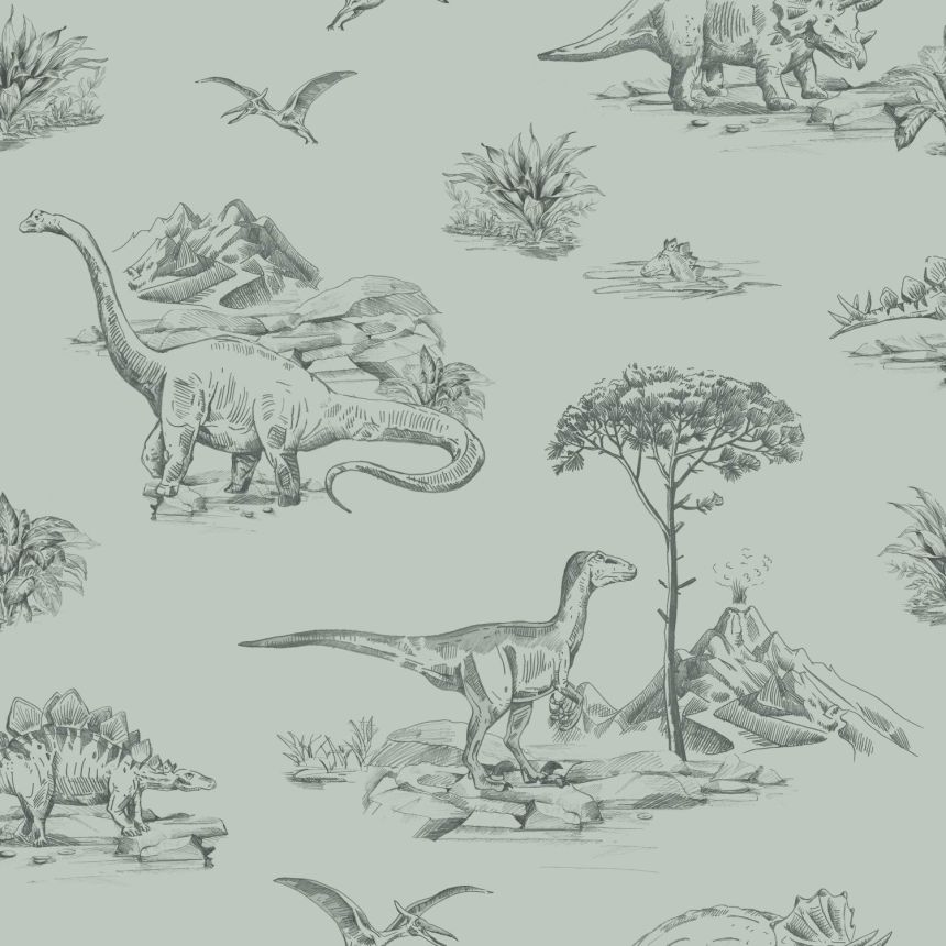Green children's wallpaper with dinosaurs 139556, To the Moon and Back, Esta Home