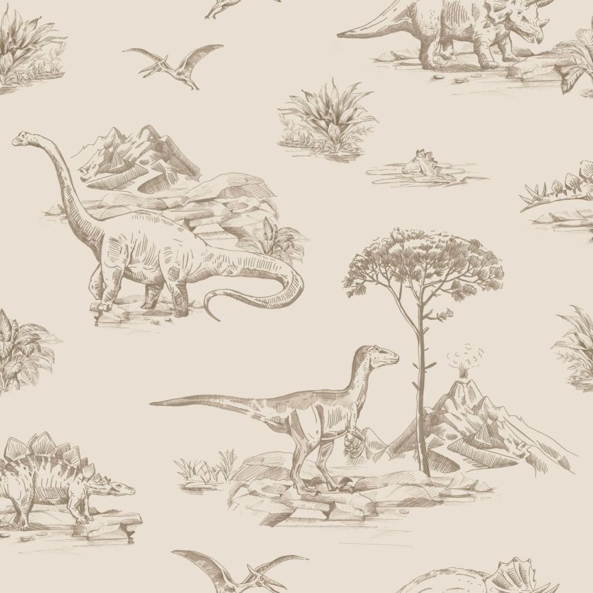 Beige non-woven wallpaper with dinosaurs 139557, To the Moon and Back, Esta Home