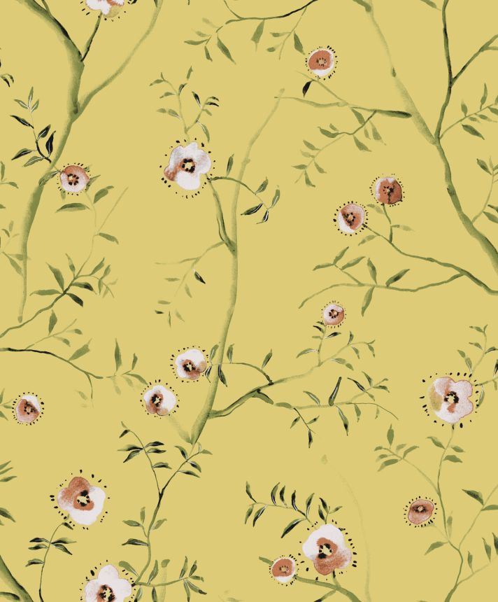 Ocher floral non-woven wallpaper, SUM204, Summer, Khroma by Masureel