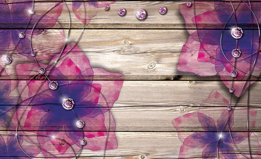 Non-woven photo mural wallpaper Planks with flowers 22112, 416 x 254 cm, Photomurals, Vavex