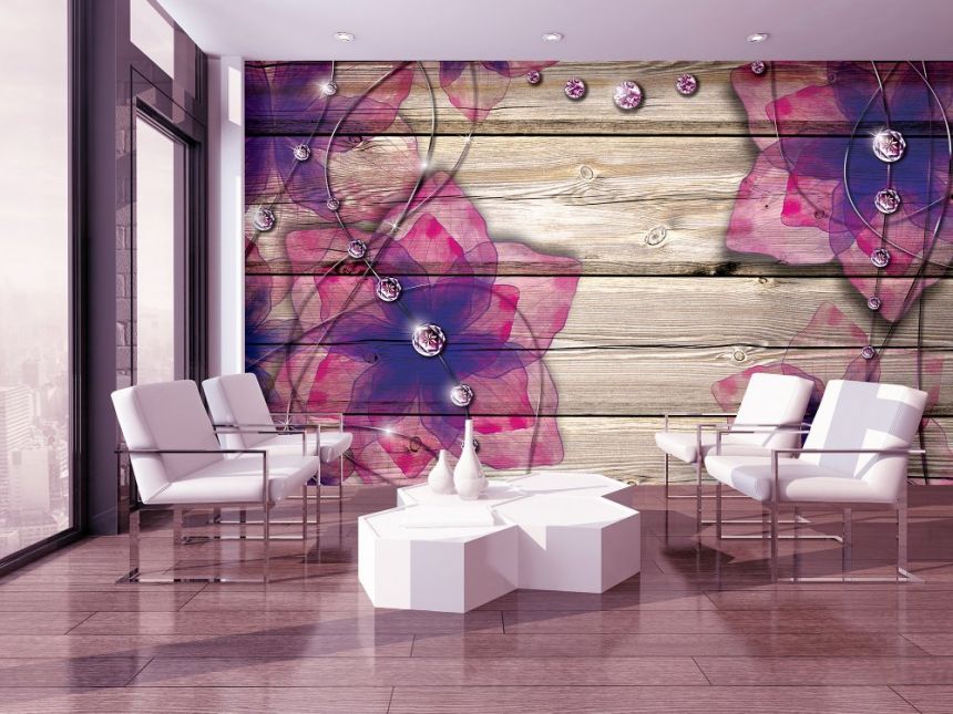 Non-woven photo mural wallpaper Planks with flowers 22112, 416 x 254 cm, Photomurals, Vavex