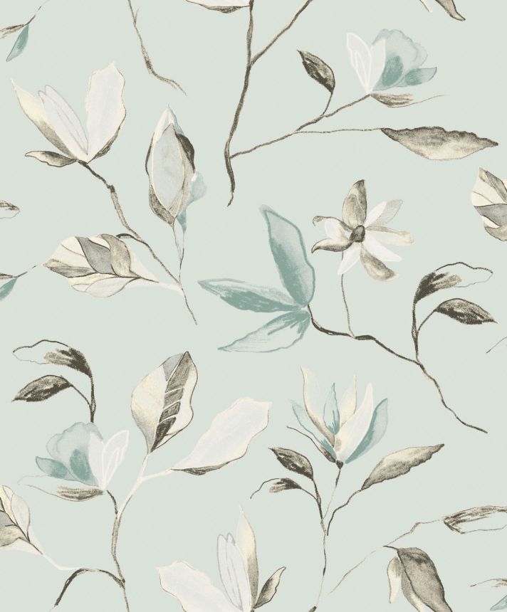 Turquoise floral wallpaper, ZEN004, Zen, Zoom by Masureel