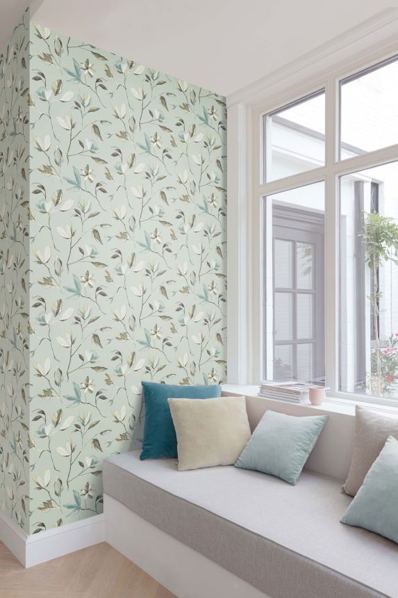 Turquoise floral wallpaper, ZEN004, Zen, Zoom by Masureel