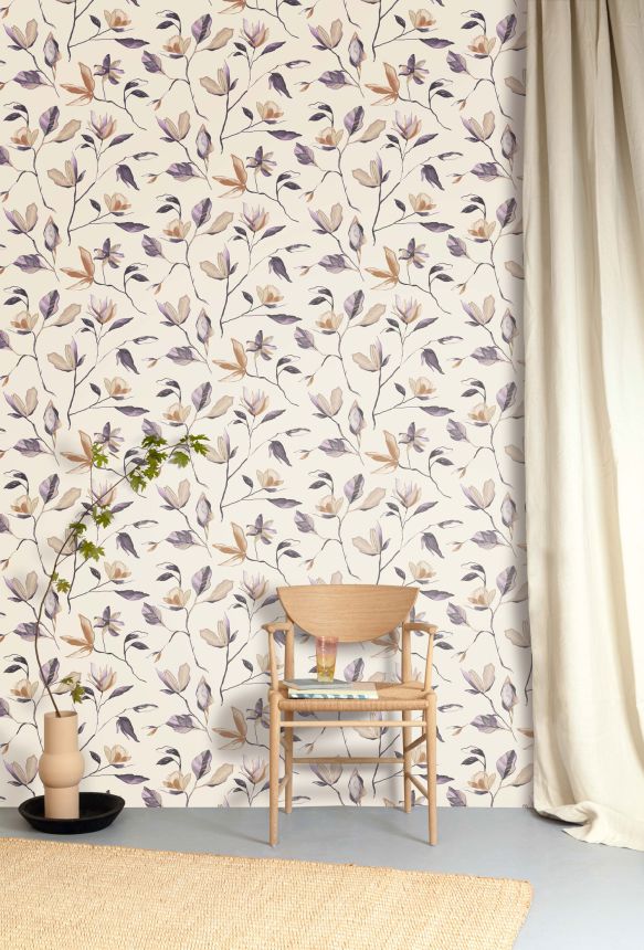 Purple non-woven floral wallpaper, ZEN006, Zen, Zoom by Masureel