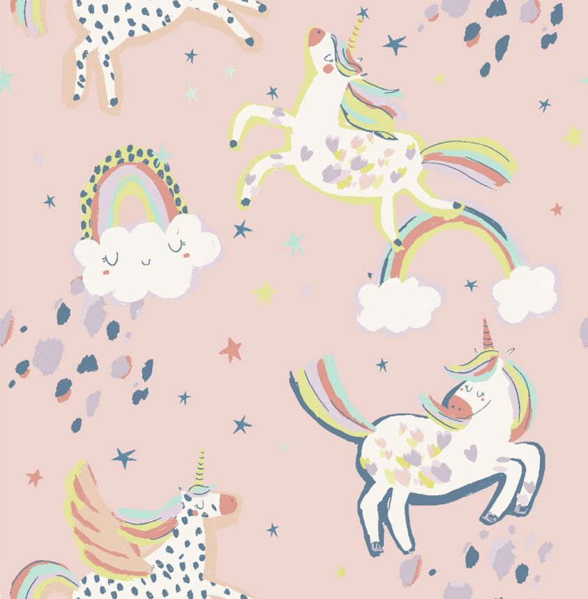 Children's pink wallpaper with rainbows and unicorns, 118328, Next