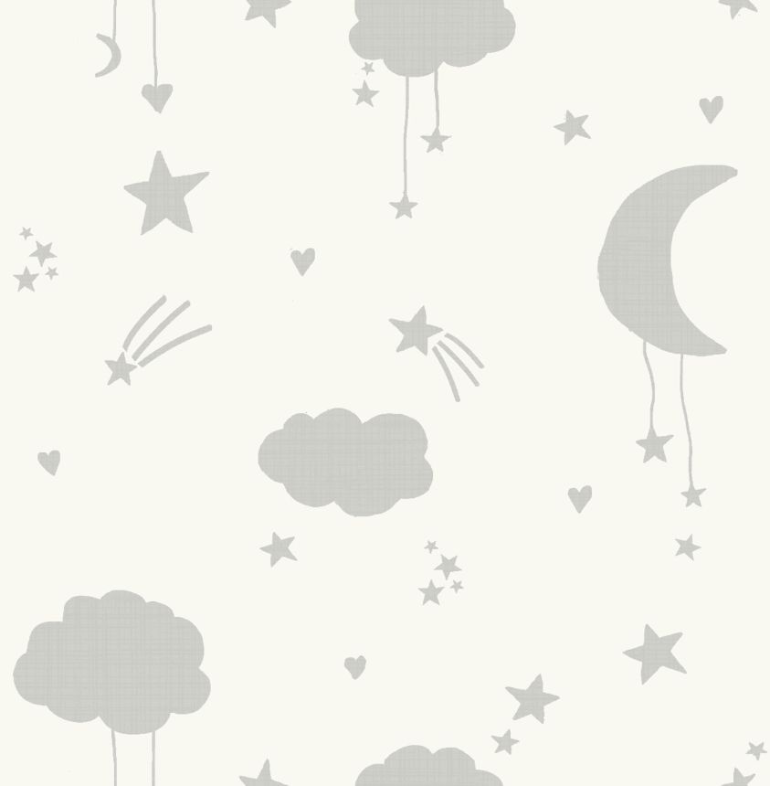Children's white-gray wallpaper with clouds and stars, 118332, Next