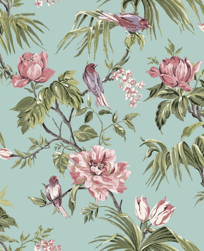 Romantic turquoise wallpaper with flowers and birds, 118254, Next