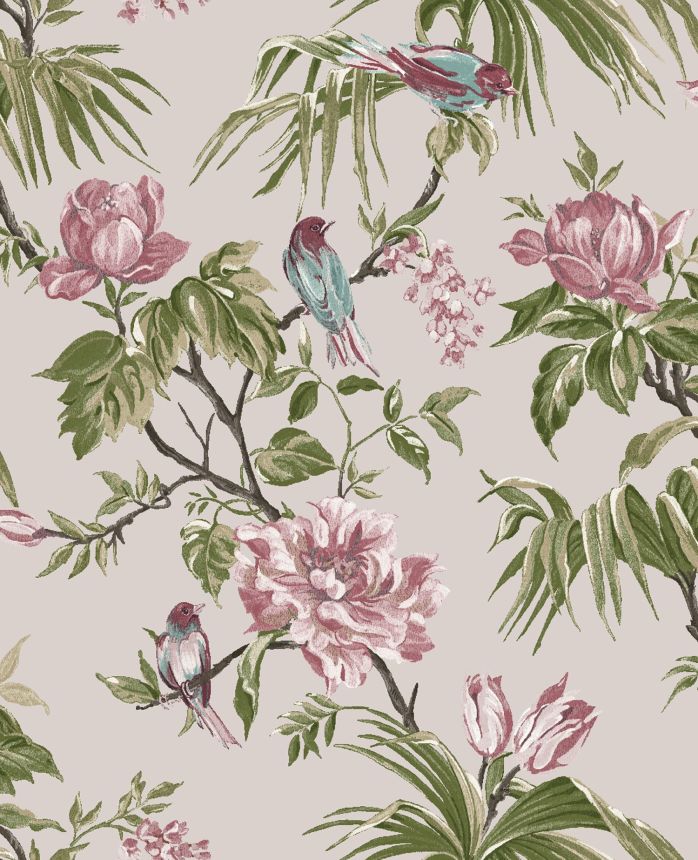 Romantic pink wallpaper with flowers and birds, 118255, Next