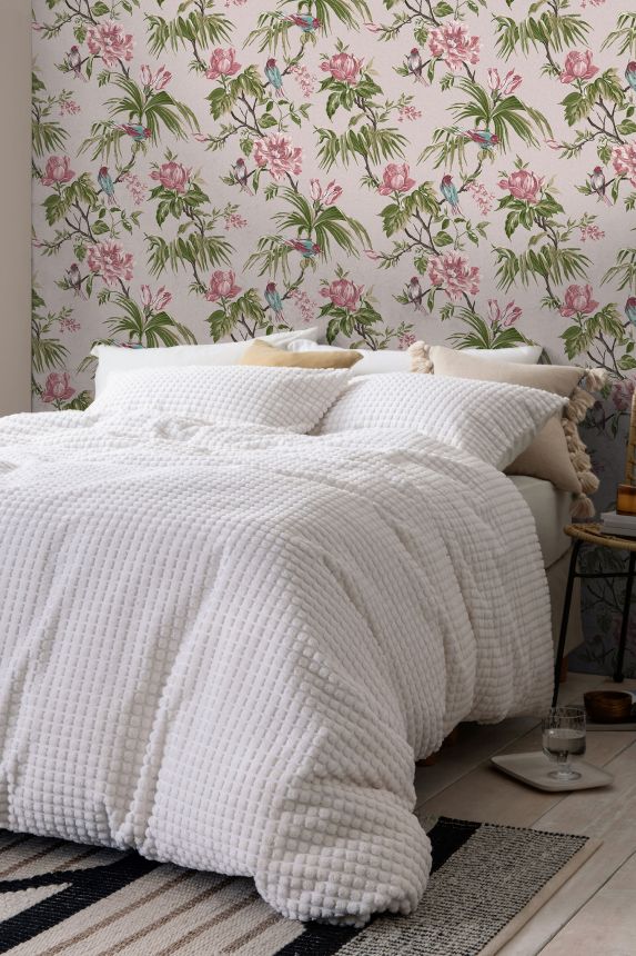 Romantic pink wallpaper with flowers and birds, 118255, Next