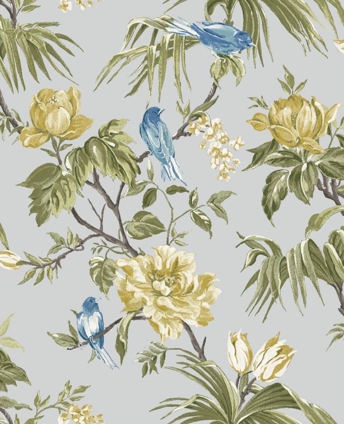 Romantic gray wallpaper with flowers and birds, 118257, Next