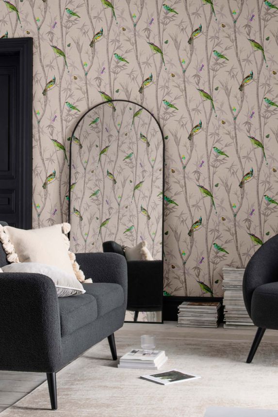 Gray-beige wallpaper with twigs and birds, 118266, Next