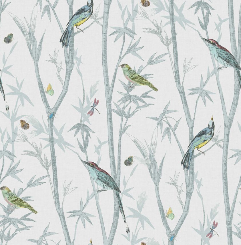 Light gray wallpaper with twigs and birds, 118267, Next