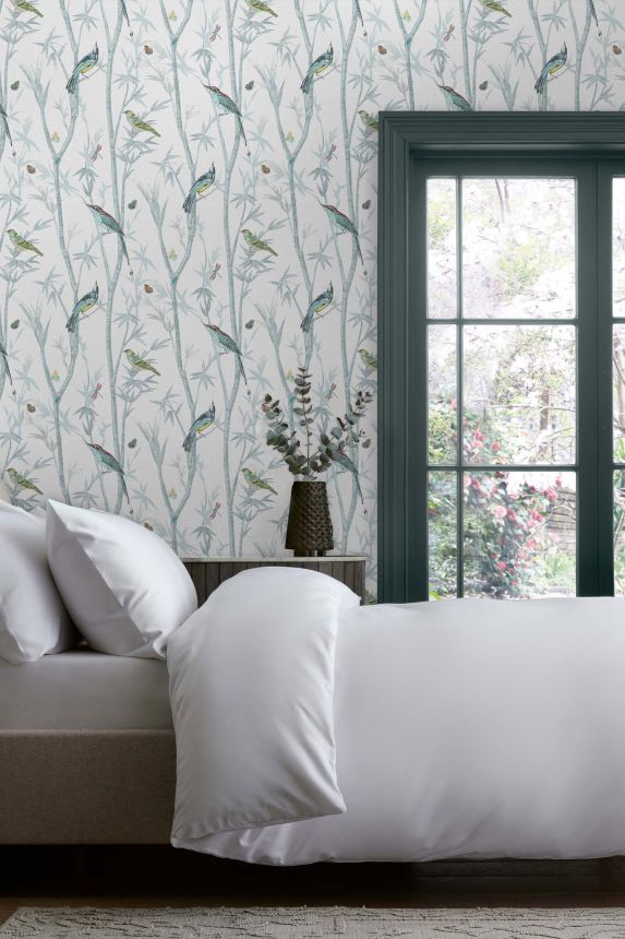 Light gray wallpaper with twigs and birds, 118267, Next