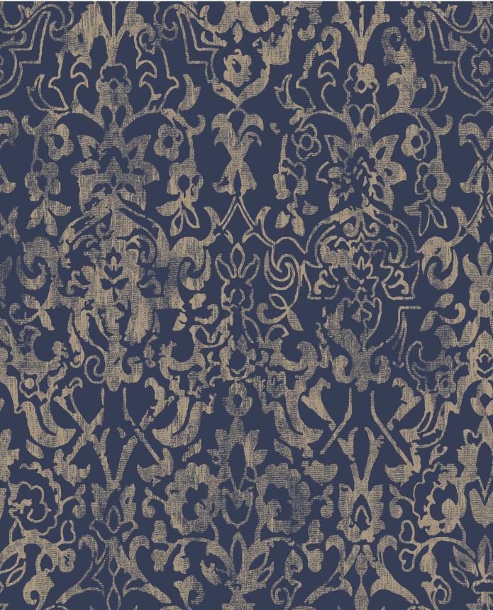 Blue-gold wallpaper, baroque damask pattern, 118294, Next