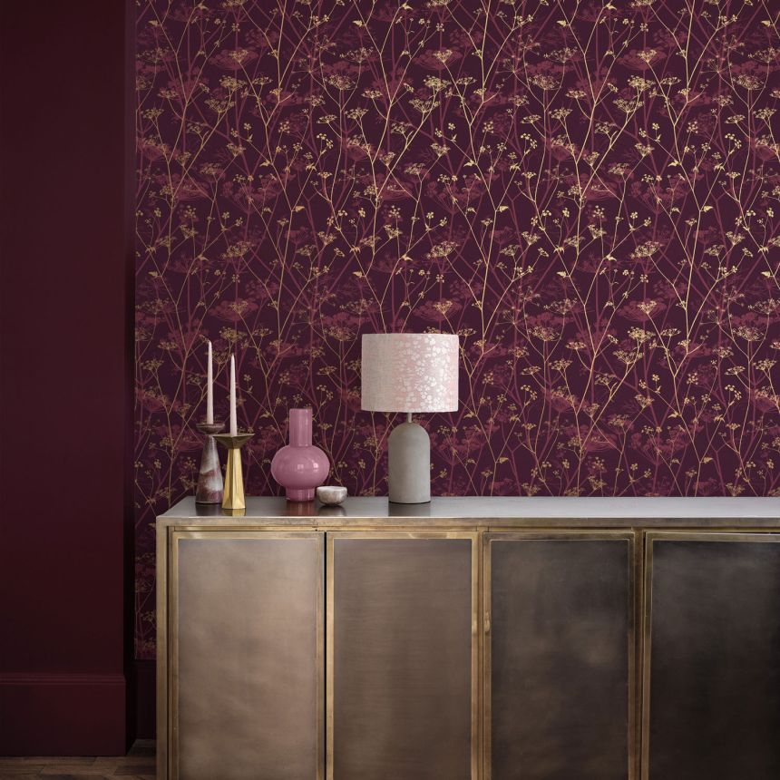 Wine red-gold wallpaper, meadow grasses, 120397, Wiltshire Meadow, Clarissa Hulse