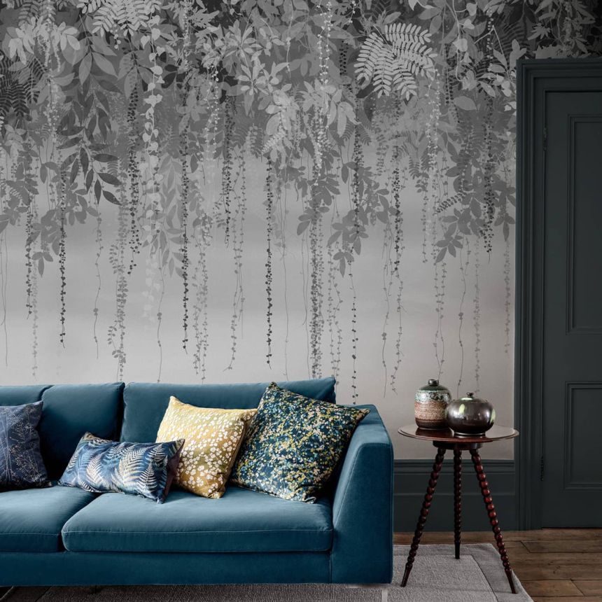 Gray wall mural with leaves, 120413FXST, Wiltshire Meadow, Clarissa Hulse