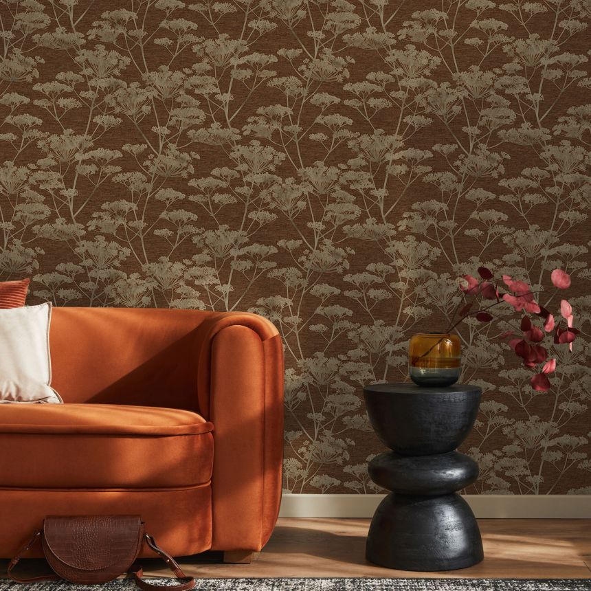 Brick red non-woven wallpaper, grasses, flowers, 120863, Indulgence, Graham Brown Boutique