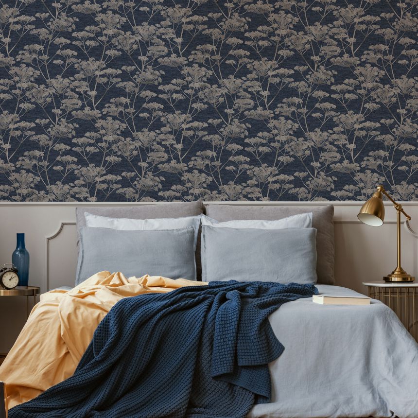 Blue-gold non-woven wallpaper, grasses, flowers, 120865, Indulgence, Graham Brown Boutique