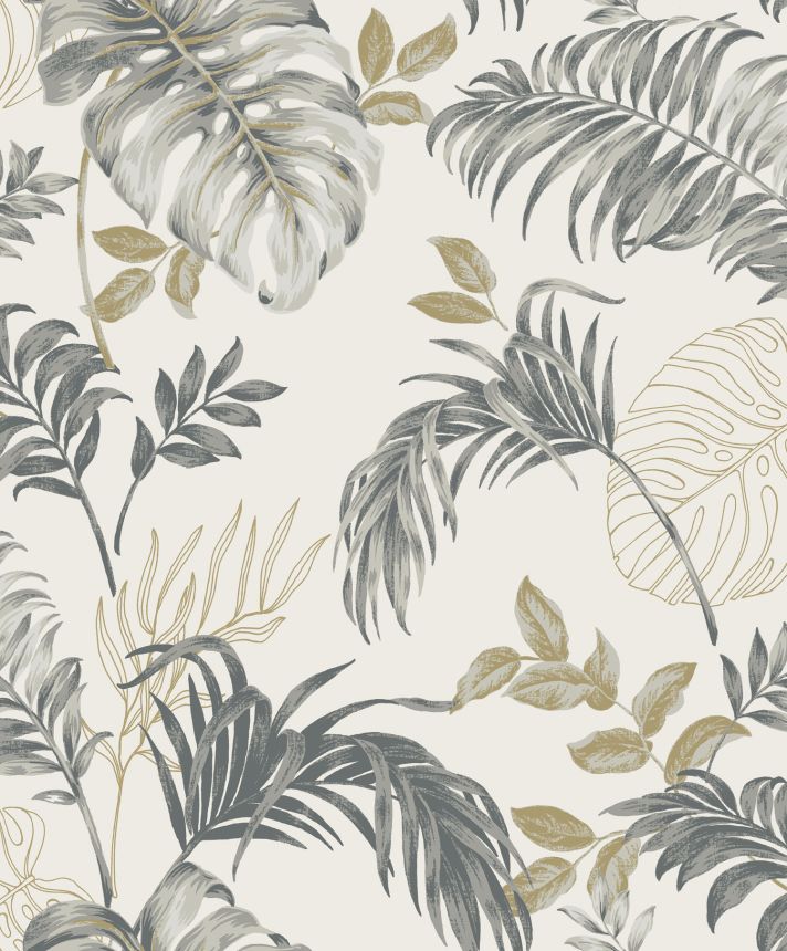 Ocher-grey wallpaper with tropical leaves, A64301, Vavex 2025