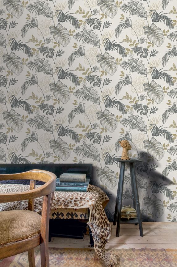 Ocher-grey wallpaper with tropical leaves, A64301, Vavex 2025