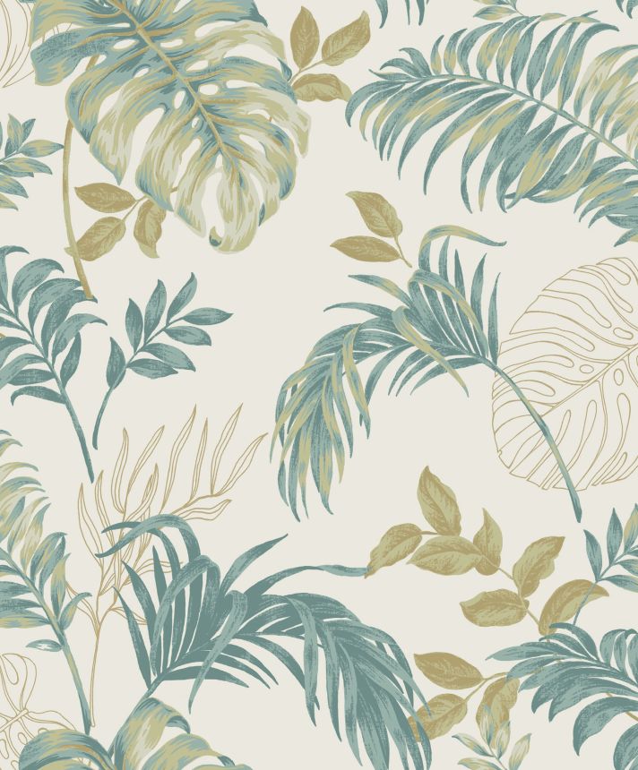 Ocher-green wallpaper with tropical leaves, A64302, Vavex 2025