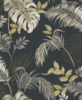 Black wallpaper with tropical leaves, A64303, Vavex 2025