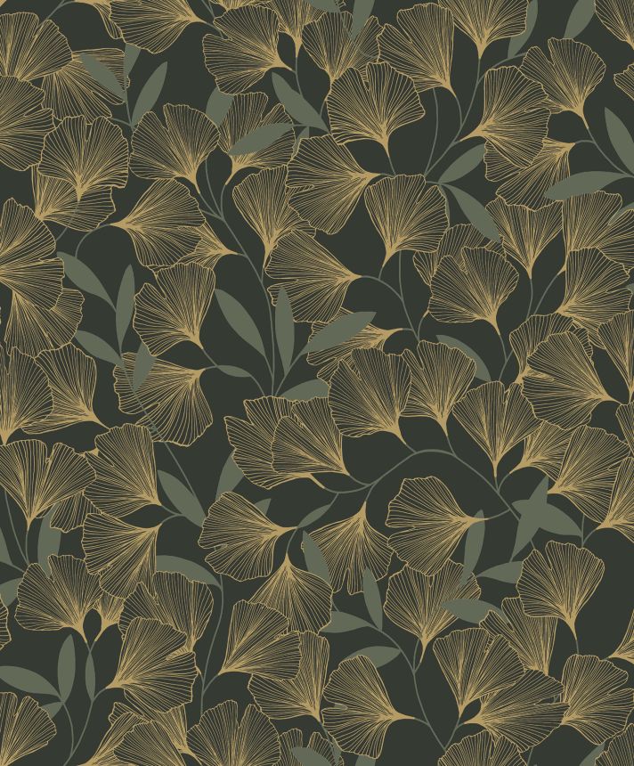 Black-gold wallpaper, ginkgo leaves, A64402, Vavex 2025