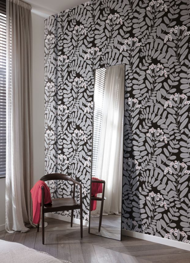 Black non-woven wallpaper, gray leaves, YSA003, Mysa, Khroma by Masuree