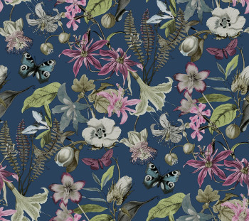 Blue wallpaper with flowers and butterflies, BL1723, Blooms Second Edition Resource Library, York