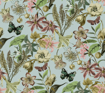 Turquoise wallpaper with flowers and butterflies, BL1725, Blooms Second Edition Resource Library, York