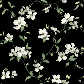 Black wallpaper with flowers and dragonflies, BL1764, Blooms Second Edition Resource Library, York