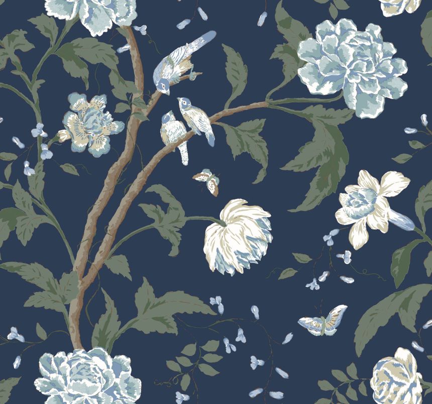 Blue non-woven wallpaper, blossom branches, BL1782, Blooms Second Edition Resource Library, York