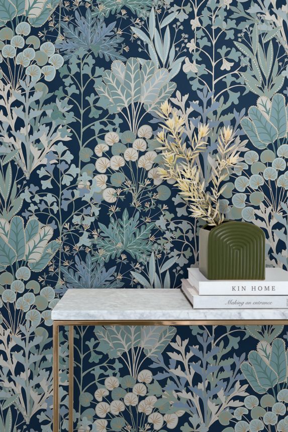 Blue wallpaper with plants and leaves, BL1812, Blooms Second Edition Resource Library, York