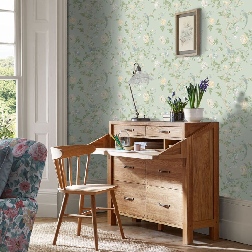 Blue wallpaper with butterflies, flowers and birds 121407, Laura Ashley 3