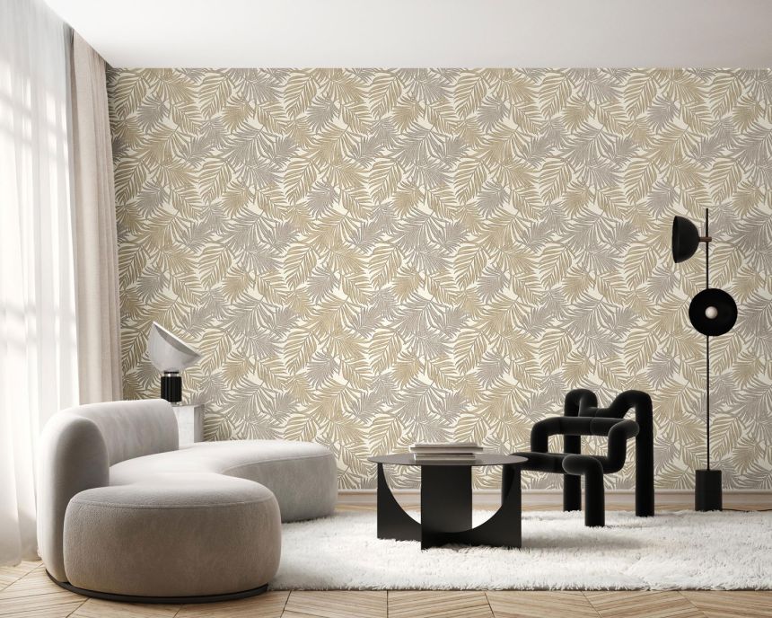 Luxury brown-beige non-woven wallpaper with leaves, 07506, Makalle II,Limonta